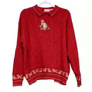 Vintage 90s Collared Sweater Size XL Red Leaf Embroidered Dog Ramie Cotton Fall